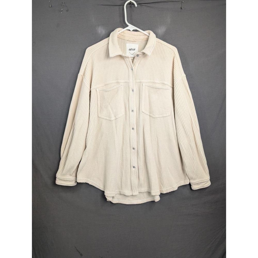 Aerie Waffle Knit Button Down Shirt Cream Tan Large Oversized Shacket 8580
